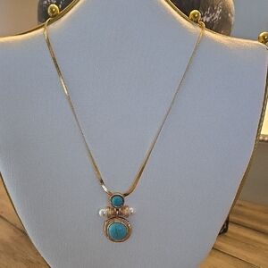 Elegant Gold Pearl and Turquoise Pendant Necklace nwot $13 Price Drop Today